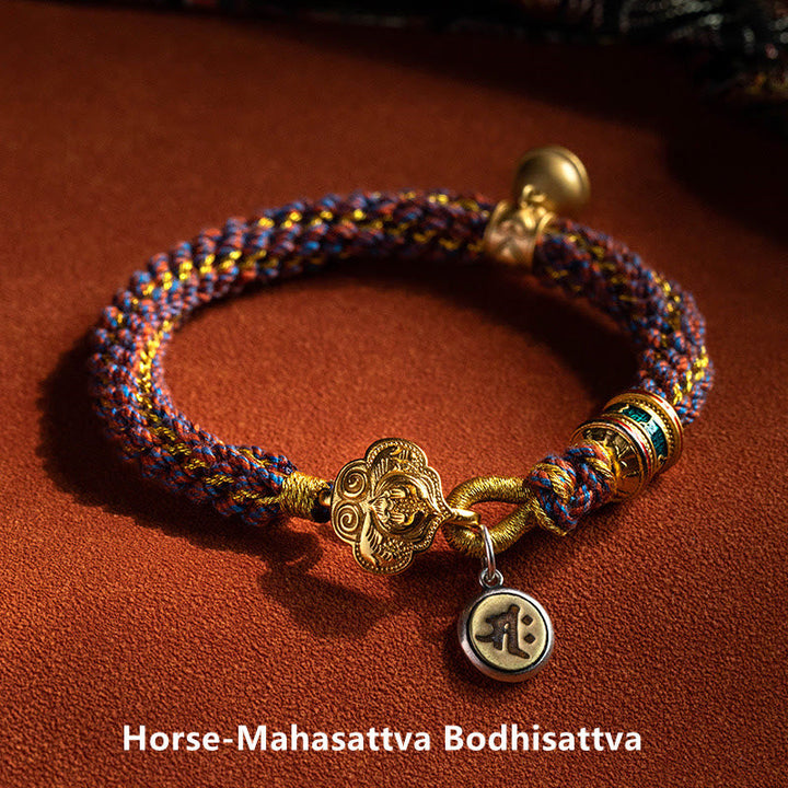 BWOOOH 925 Sterling Silver Chinese Zodiac Natal Buddha Om Mani Padme Hum Luck Bell Braided String Bracelet