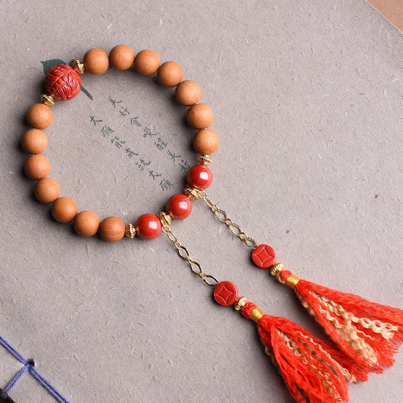 BWOOOH Tibetan Natural Peach Wood Cinnabar PiXiu Wealth Tassels Bracelet