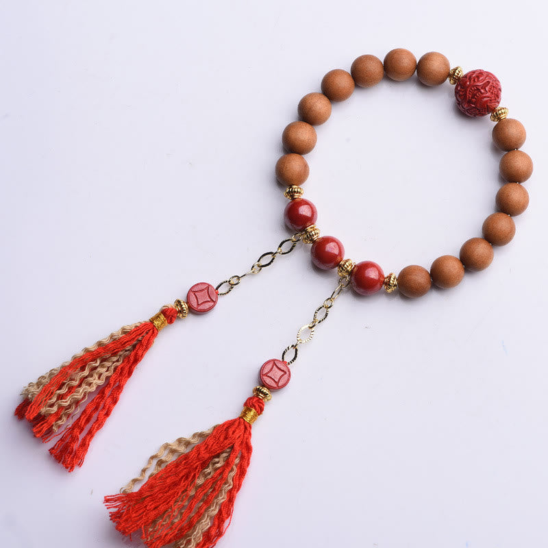 BWOOOH Tibetan Natural Peach Wood Cinnabar PiXiu Wealth Tassels Bracelet