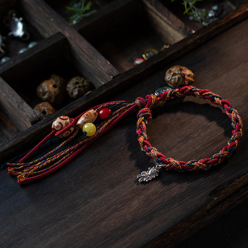 BWOOOH Tibetan Handmade Colorful Thread 925 Sterling Silver Koi Fish Protection Strength String Bracelet