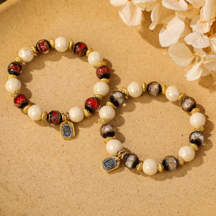 BWOOOH Tibetan Zakiram Goddess of Wealth Charm Liuli Glass Incense Ash Porcelain Bead Protection Bracelet