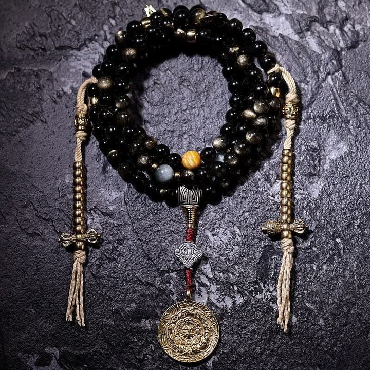 BWOOOH 108 Mala Beads Gold Sheen Obsidian Tiger Eye Eagle&