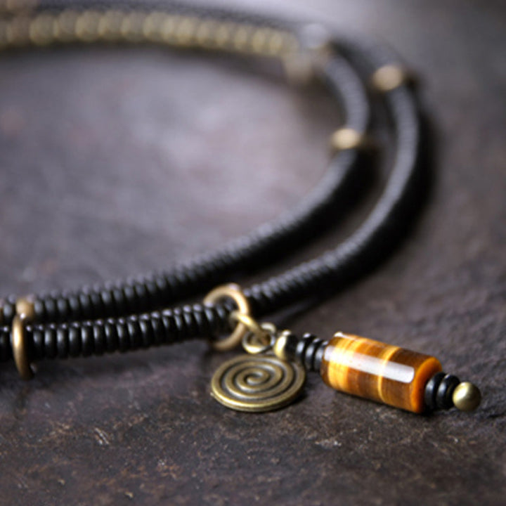 BWOOOH Ebony Wood Dzi Bead Copper Peace Couple Bracelet Necklace Pendant