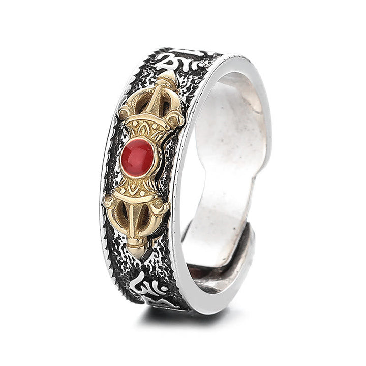 BWOOOH Tibetan Om Mani Padme Hum Red Agate Dorje Vajra Design Wisdom Ring