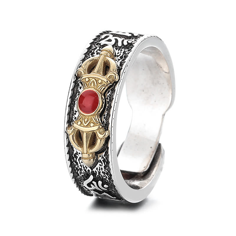 BWOOOH Tibetan Om Mani Padme Hum Red Agate Dorje Vajra Design Wisdom Ring