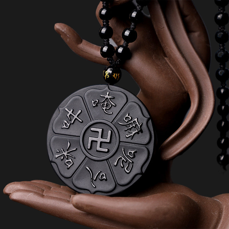 BWOOOH Natural Black Obsidian Tibetan Om Mani Padme Hum Buddha Swastika Luck Necklace Pendant