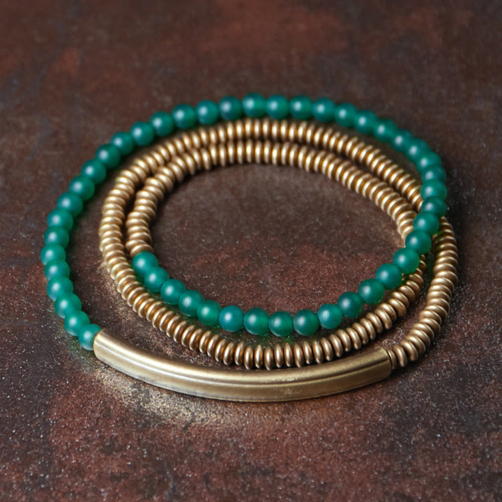 BWOOOH Tibetan Various Agate Stone Copper Protection Triple Wrap Bracelet