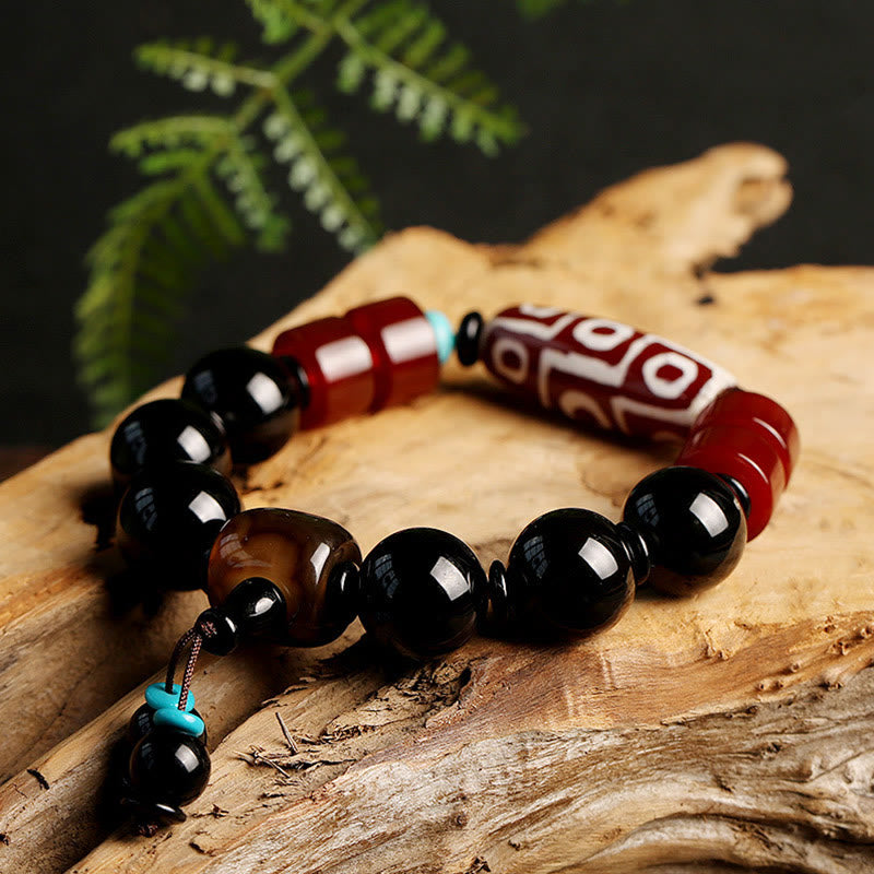BWOOOH Tibetan Nine-Eye Dzi Bead Black Onyx Wealth Protection Bracelet