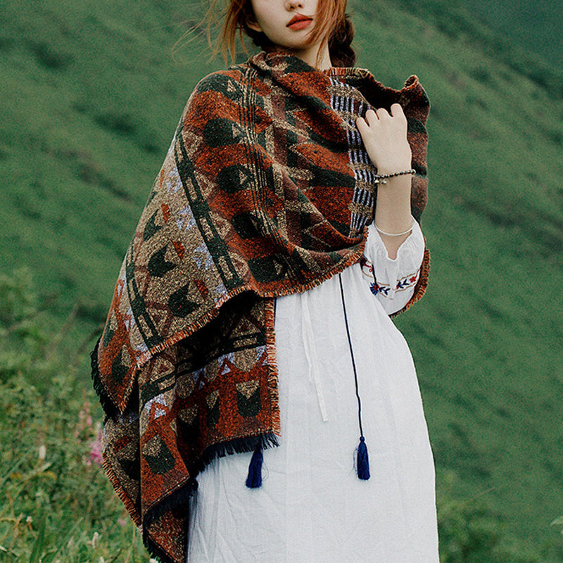 BWOOOH Tibetan Shawl Classic Geometry Pattern Winter Cozy