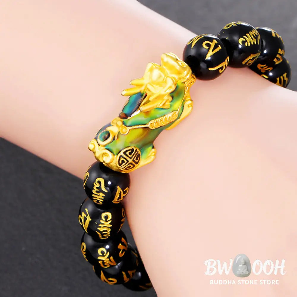 FengShui PiXiu Obsidian Om Mani Padme Hum Wealth Bracelet - BWOOOH - 12mm - Bracelet