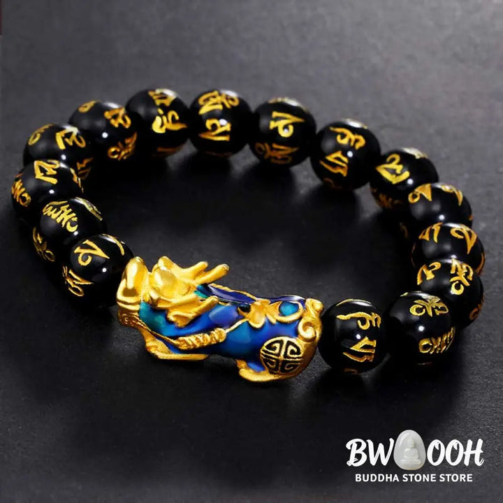FengShui PiXiu Obsidian Om Mani Padme Hum Wealth Bracelet - BWOOOH - 12mm - Bracelet