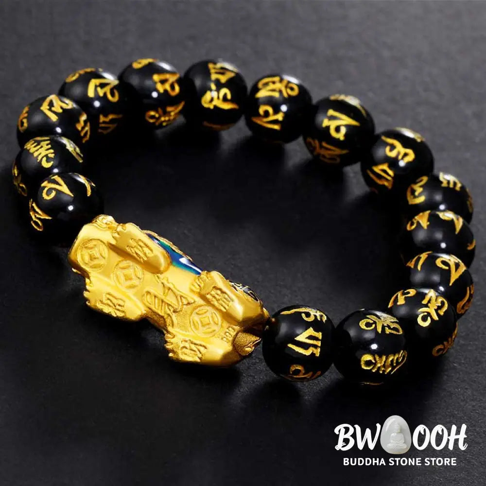 FengShui PiXiu Obsidian Om Mani Padme Hum Wealth Bracelet - BWOOOH - 12mm - Bracelet