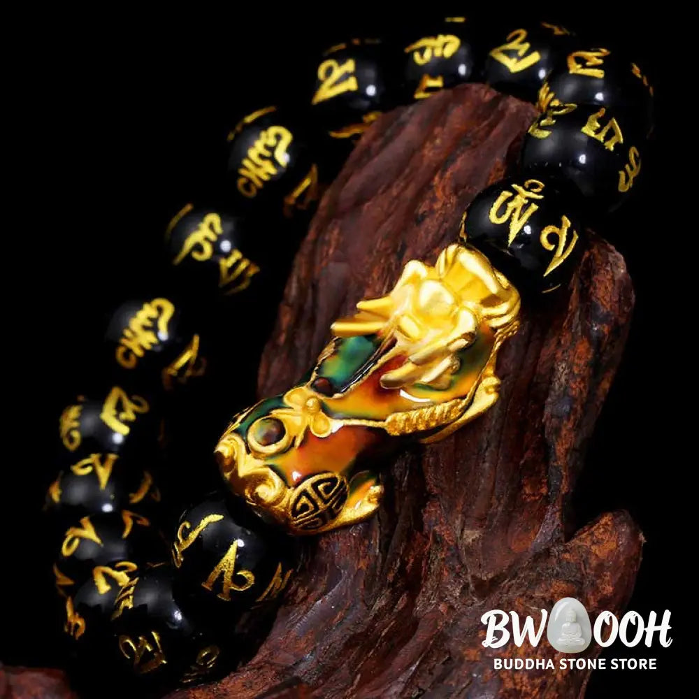 FengShui PiXiu Obsidian Om Mani Padme Hum Wealth Bracelet - BWOOOH - 12mm - Bracelet