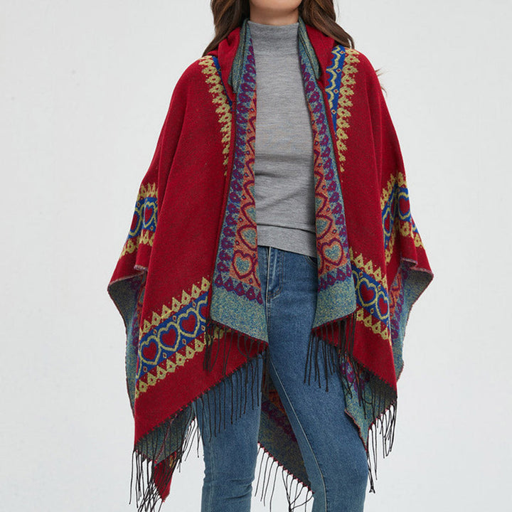 BWOOOH Tibetan Shawl Red Love Heart Tassel Hooded Cloak W