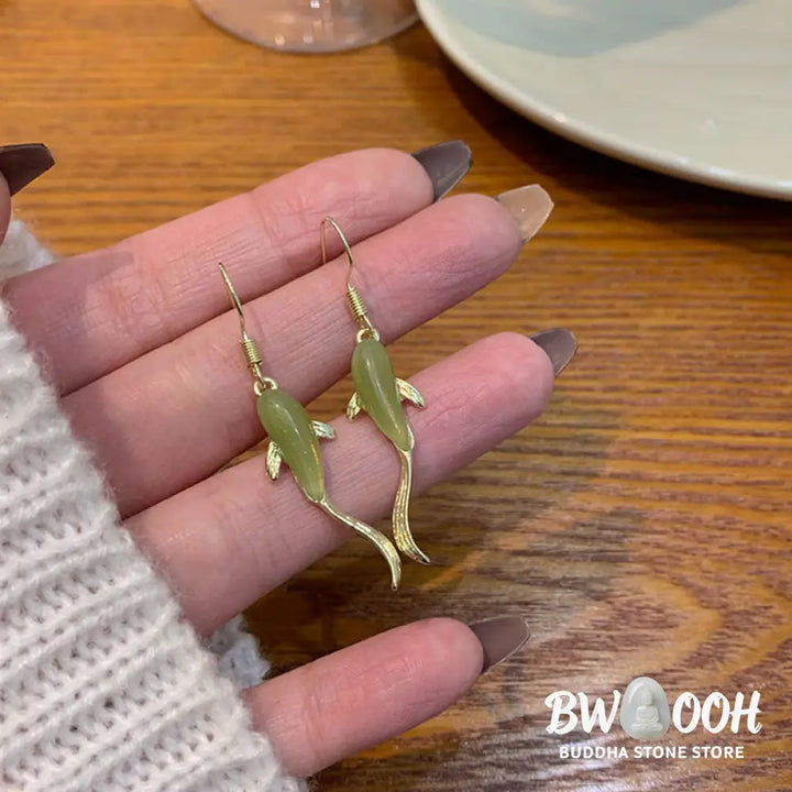 Fish Pattern Jade Luck Dangle Drop Earrings - Jade - Earrings