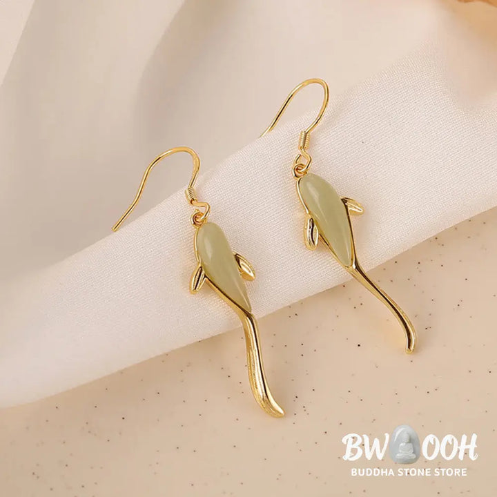 Fish Pattern Jade Luck Dangle Drop Earrings - Jade - Earrings