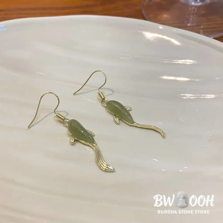 Fish Pattern Jade Luck Dangle Drop Earrings - Jade - Earrings