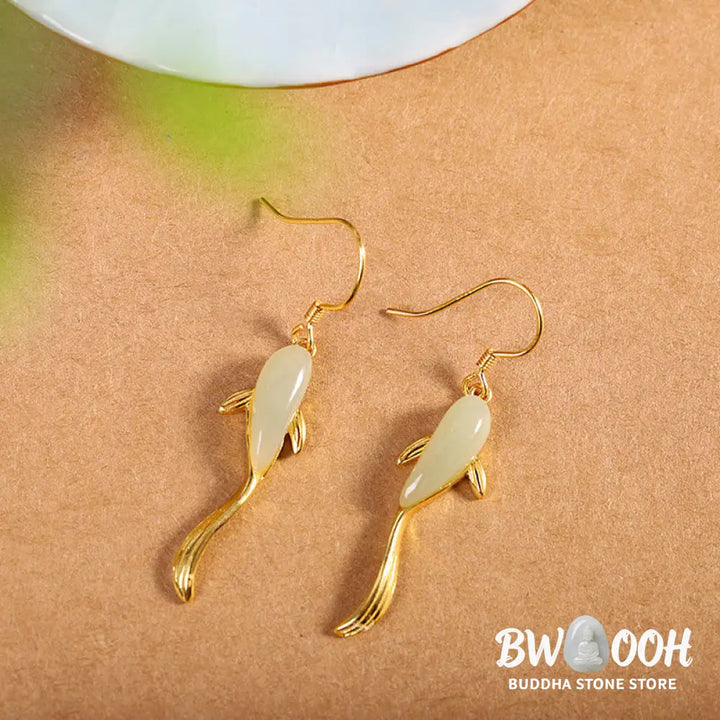 Fish Pattern Jade Luck Dangle Drop Earrings - Jade - Earrings