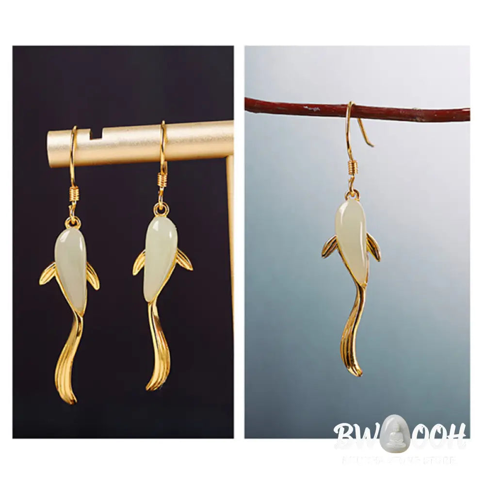 Fish Pattern Jade Luck Dangle Drop Earrings - Jade - Earrings