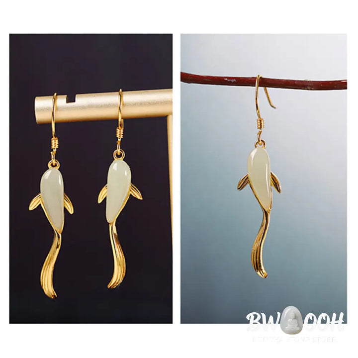 Fish Pattern Jade Luck Dangle Drop Earrings - Jade - Earrings