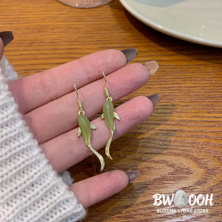 Fish Pattern Jade Luck Dangle Drop Earrings - Jade - Earrings