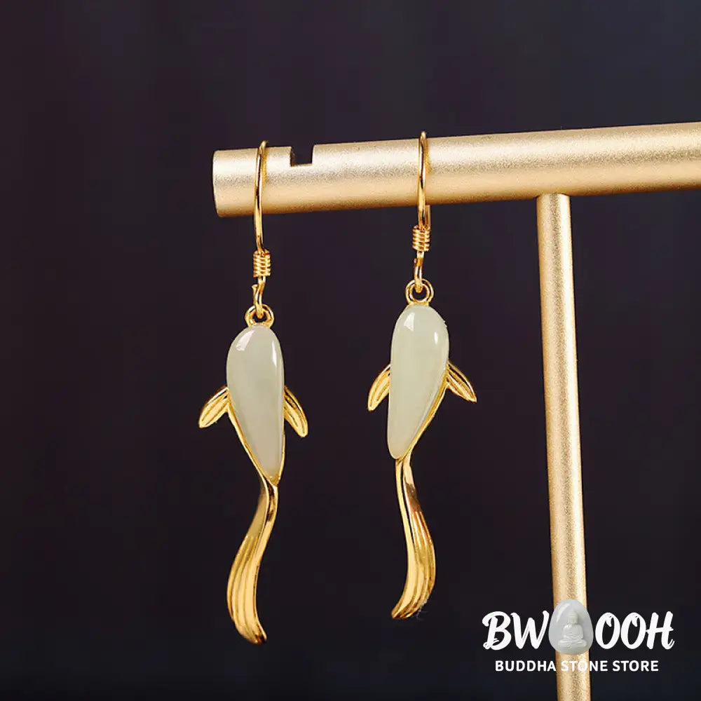 Fish Pattern Jade Luck Dangle Drop Earrings - Jade - Earrings