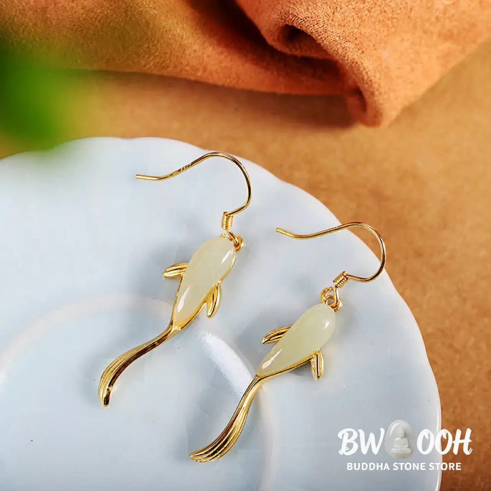 Fish Pattern Jade Luck Dangle Drop Earrings - Jade - Earrings