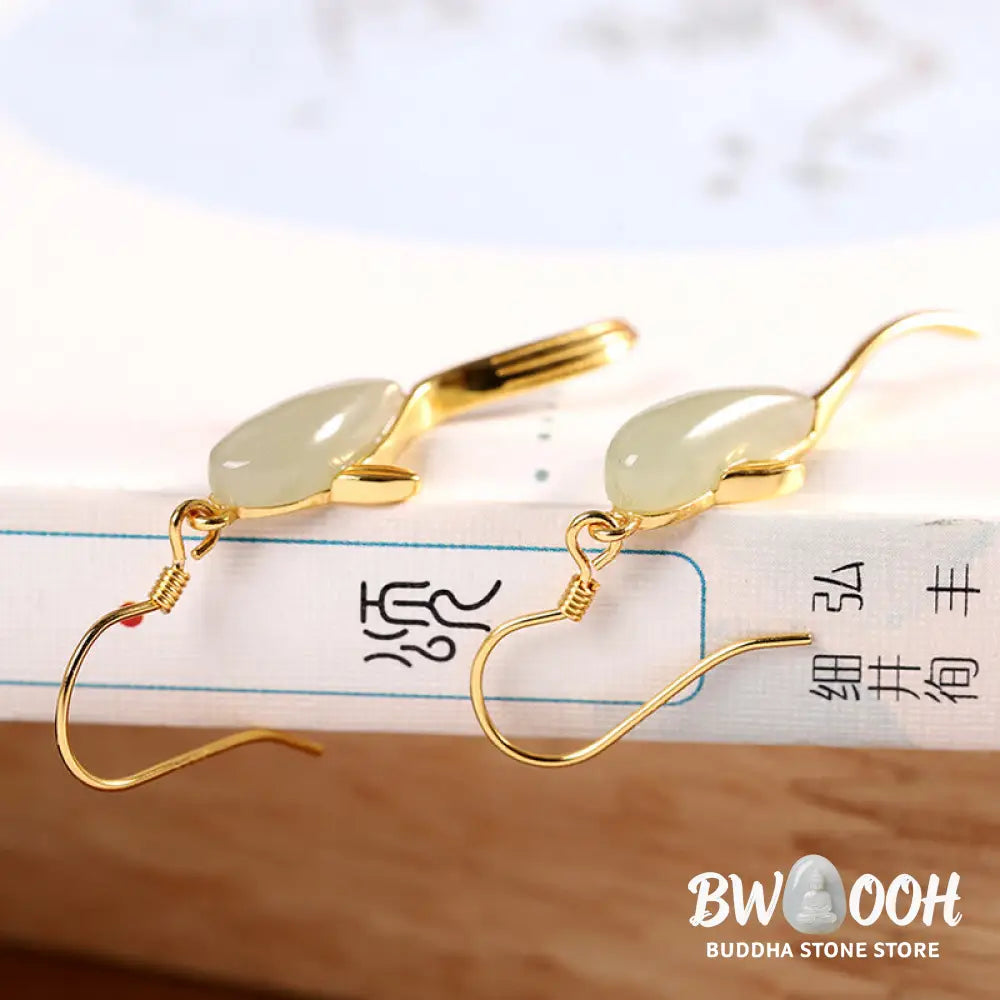Fish Pattern Jade Luck Dangle Drop Earrings - Jade - Earrings