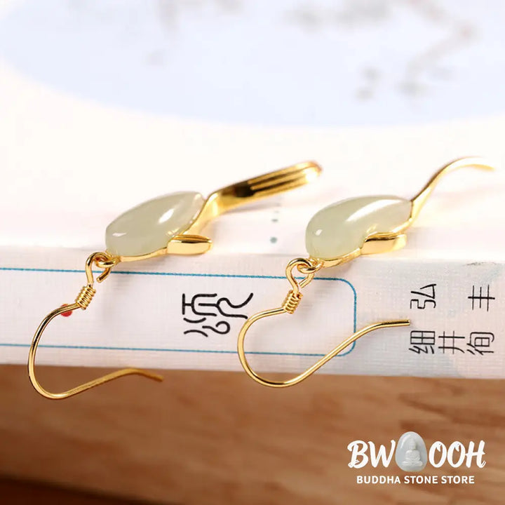 Fish Pattern Jade Luck Dangle Drop Earrings - Jade - Earrings