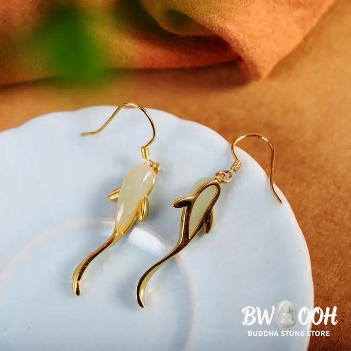 Fish Pattern Jade Luck Dangle Drop Earrings - Jade - Earrings