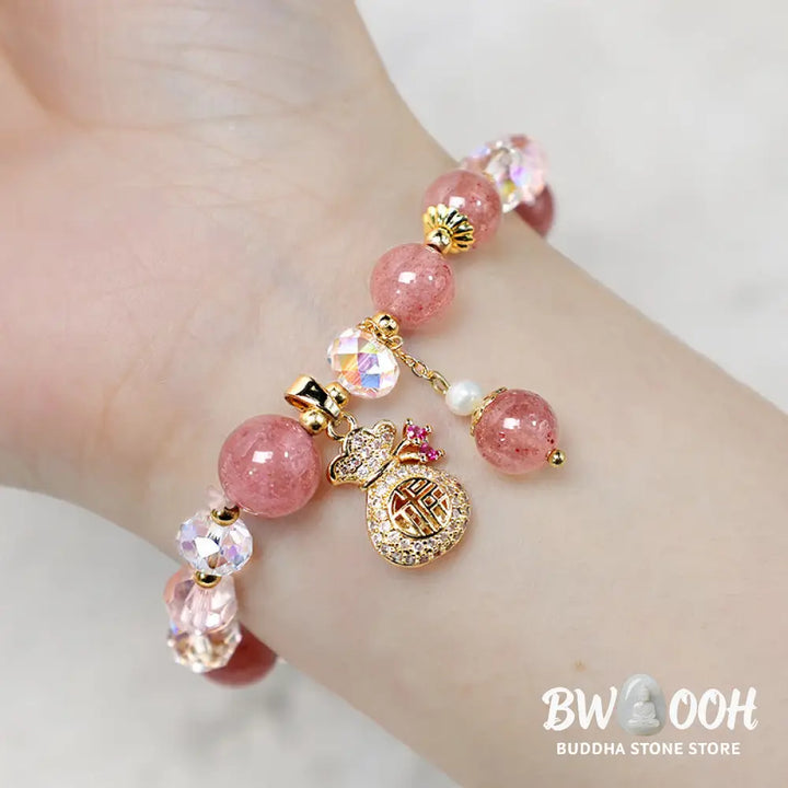 FREE Today: Love Healing Natural Strawberry Quartz Crystal Money Bag Charm Positive Bracelet - Strawberry