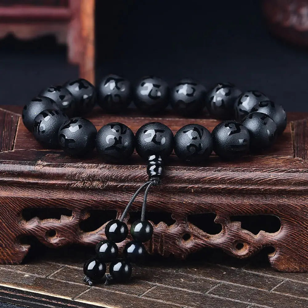FREE Today: Open The Mind Tibet White Crystal Black Onyx Om Mani Padme Hum Meditation Bracelet - Black