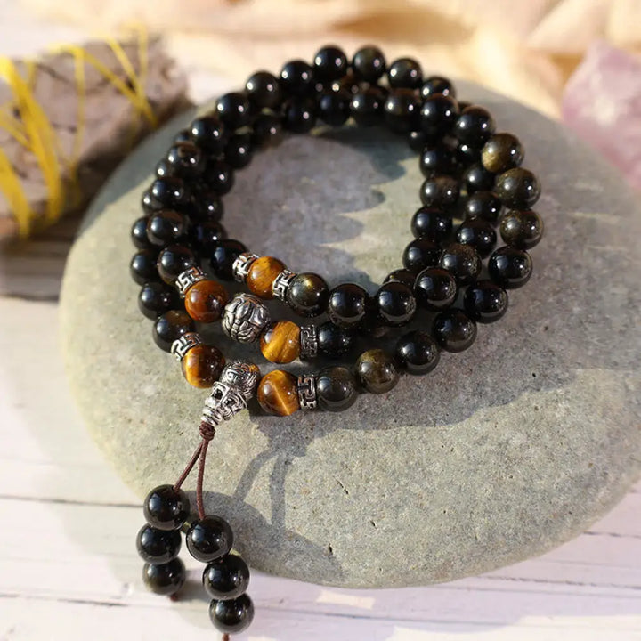 Golden Obsidian Energy Bracelet Necklace - BWOOOH - 0.31 in (8 mm) / 3 layers - Bracelet