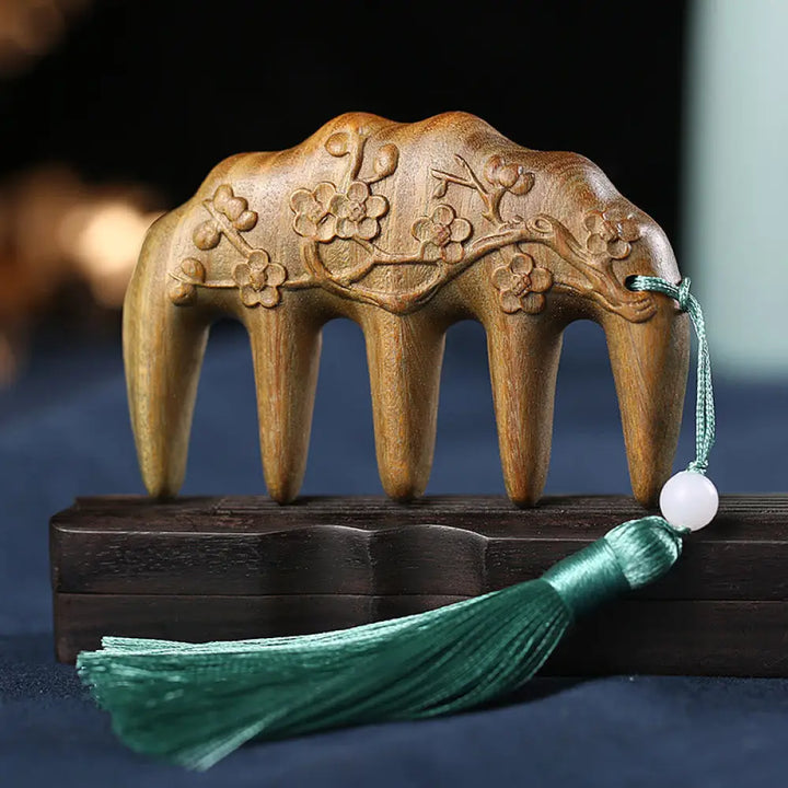Green Sandalwood Plum Blossom Flowers Lotus Koi Fish Engraved Soothing Tassel Comb - Green Sandalwood Plum Blossom