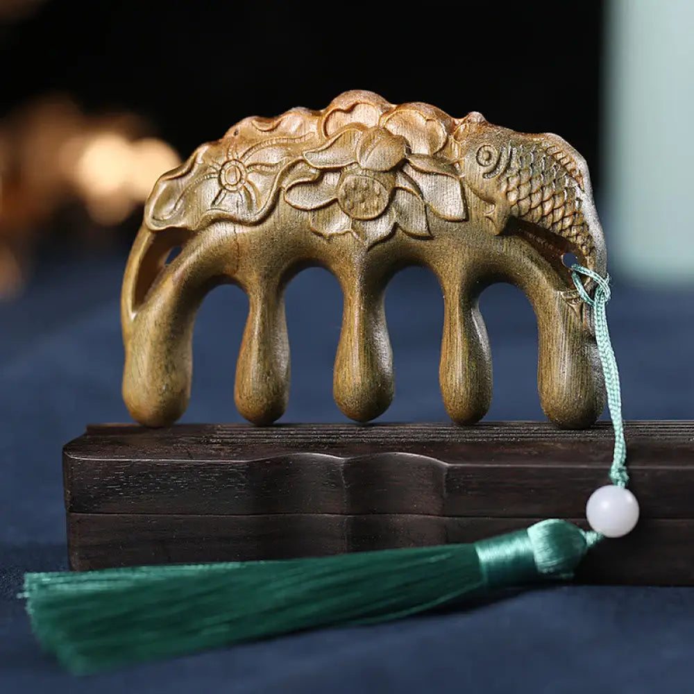 Green Sandalwood Plum Blossom Flowers Lotus Koi Fish Engraved Soothing Tassel Comb - Green Sandalwood Koi Fish Lotus