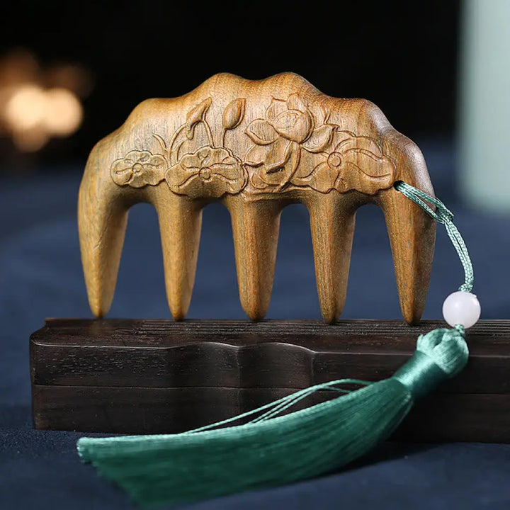 Green Sandalwood Plum Blossom Flowers Lotus Koi Fish Engraved Soothing Tassel Comb - Green Sandalwood Lotus Flowers
