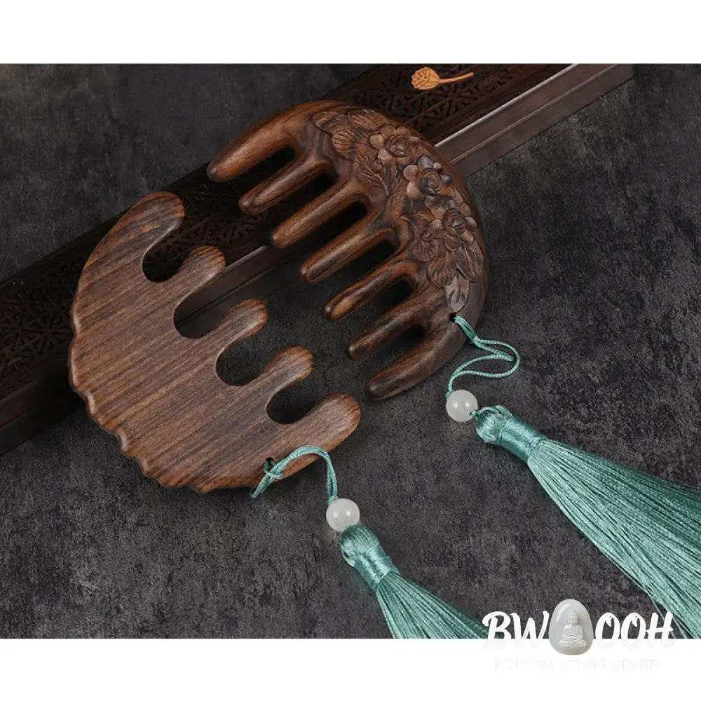 Green Sandalwood Plum Blossom Flowers Lotus Koi Fish Engraved Soothing Tassel Comb - Comb
