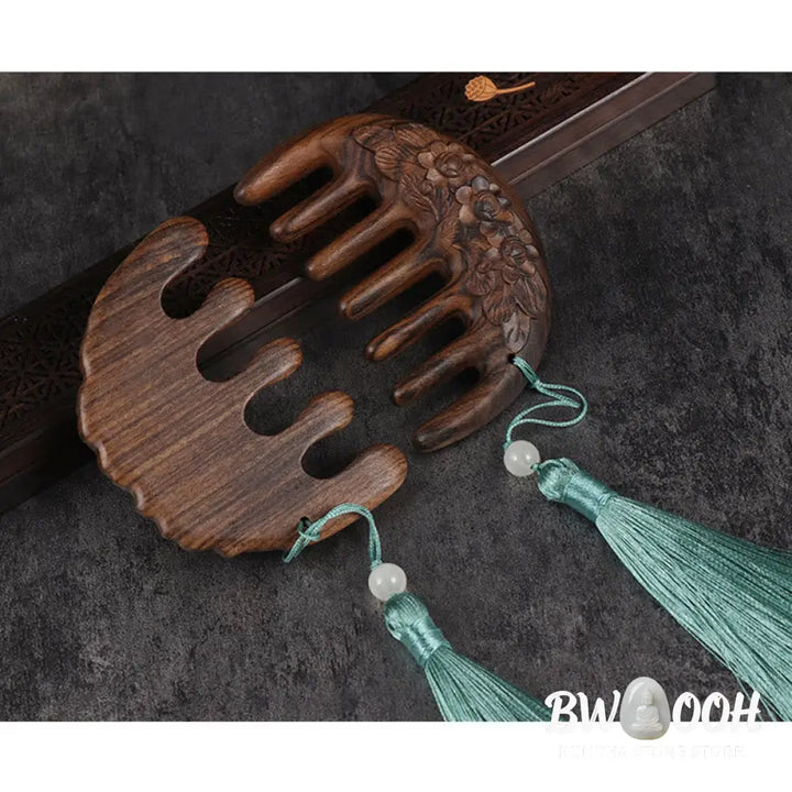 Green Sandalwood Plum Blossom Flowers Lotus Koi Fish Engraved Soothing Tassel Comb - Comb
