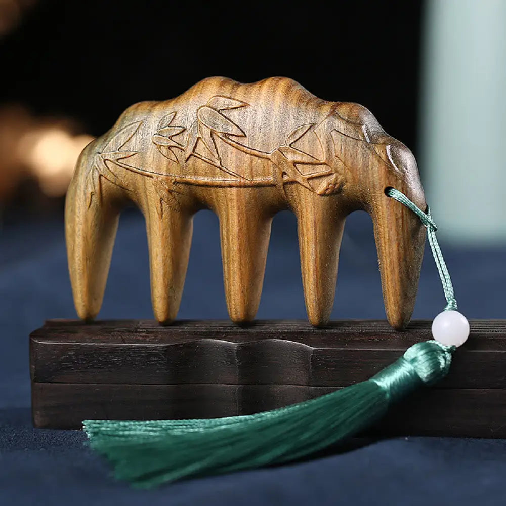 Green Sandalwood Plum Blossom Flowers Lotus Koi Fish Engraved Soothing Tassel Comb - Green Sandalwood Bamboo - Comb