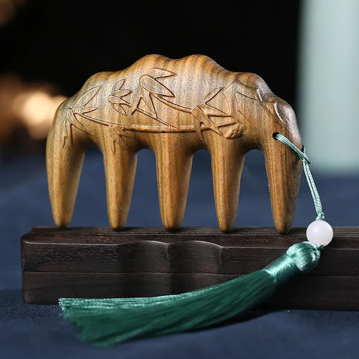 Green Sandalwood Plum Blossom Flowers Lotus Koi Fish Engraved Soothing Tassel Comb - Green Sandalwood Bamboo - Comb