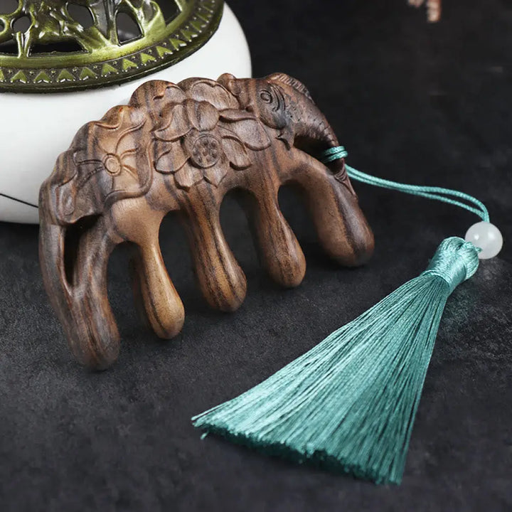 Green Sandalwood Plum Blossom Flowers Lotus Koi Fish Engraved Soothing Tassel Comb - Chacate Preto Wood Koi Fish Lotus