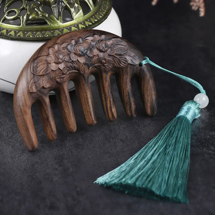 Green Sandalwood Plum Blossom Flowers Lotus Koi Fish Engraved Soothing Tassel Comb - Chacate Preto Wood Forget-Me-Not