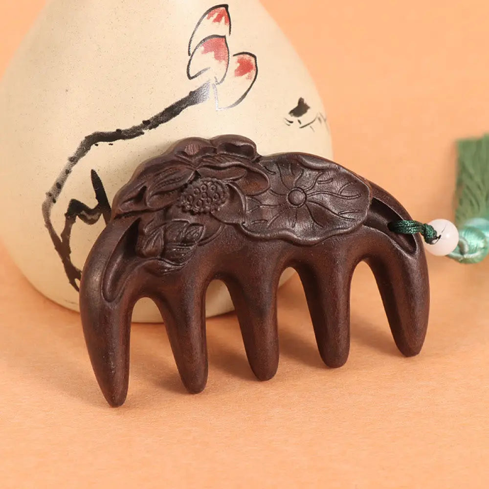 Green Sandalwood Plum Blossom Flowers Lotus Koi Fish Engraved Soothing Tassel Comb - Chacate Preto Wood Lotus Leaf Pod