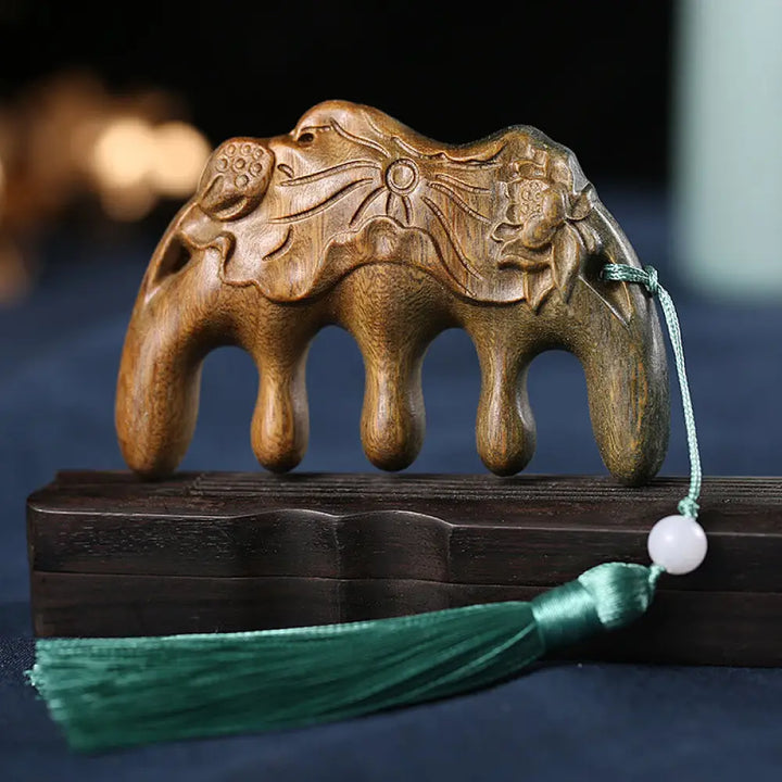 Green Sandalwood Plum Blossom Flowers Lotus Koi Fish Engraved Soothing Tassel Comb - Green Sandalwood Lotus Flower Leaf