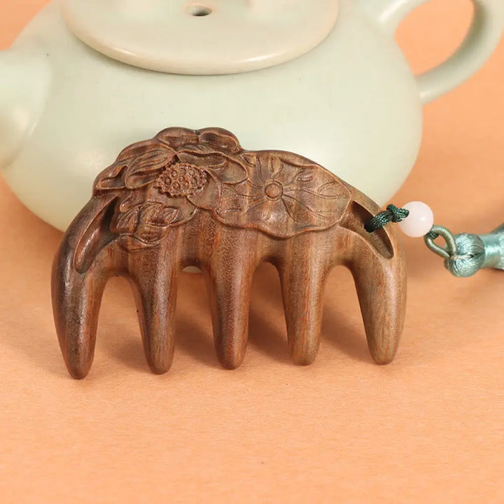 Green Sandalwood Plum Blossom Flowers Lotus Koi Fish Engraved Soothing Tassel Comb - Green Sandalwood Lotus Leaf Pod