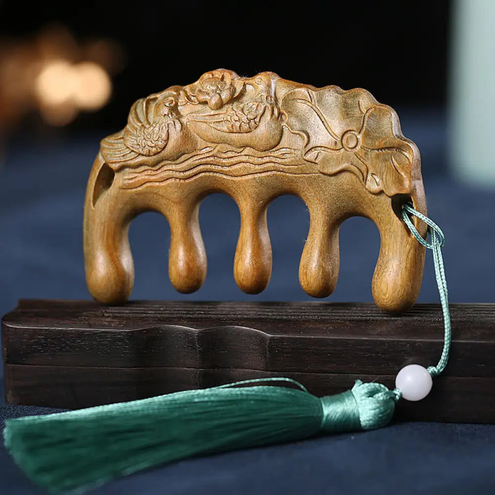 Green Sandalwood Plum Blossom Flowers Lotus Koi Fish Engraved Soothing Tassel Comb - Green Sandalwood Mandarin Duck