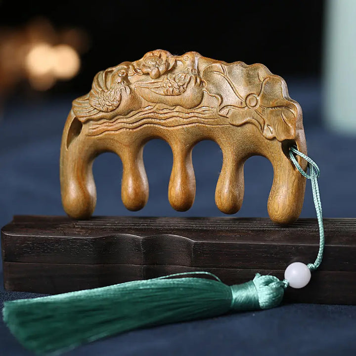 Green Sandalwood Plum Blossom Flowers Lotus Koi Fish Engraved Soothing Tassel Comb - Green Sandalwood Mandarin Duck