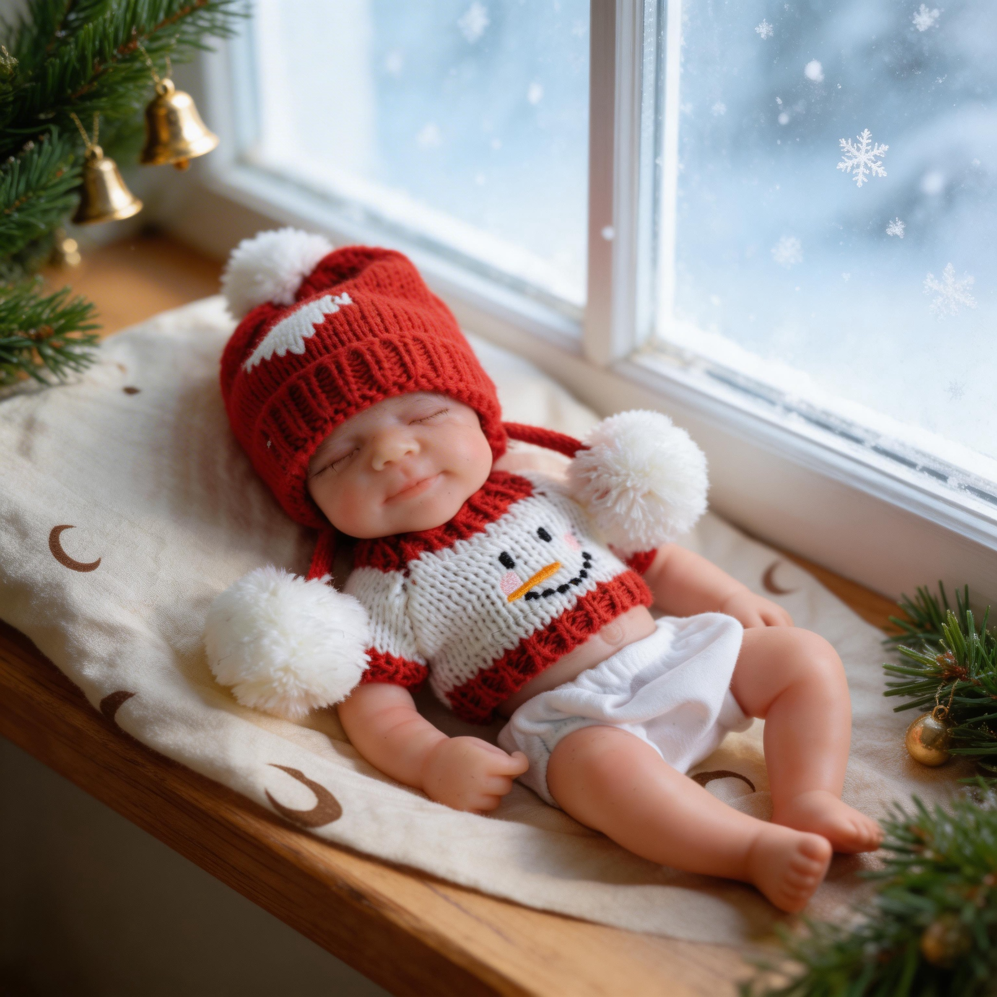 Mia 8-inch all-silicone baby doll, bathable, with flexible limbs, Christmas-themed lifelike baby figurine.