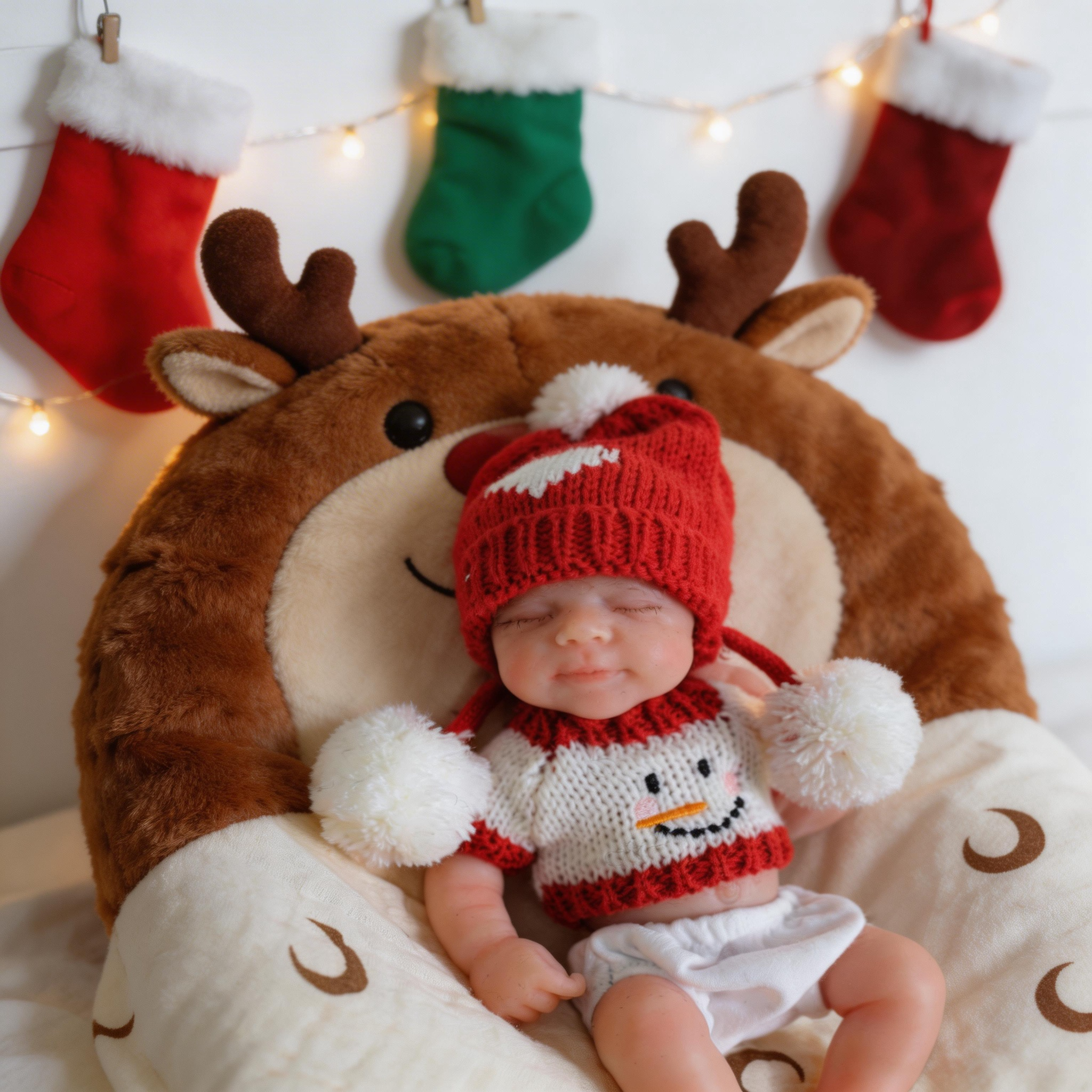 Mia 8-inch all-silicone baby doll, bathable, with flexible limbs, Christmas-themed lifelike baby figurine.