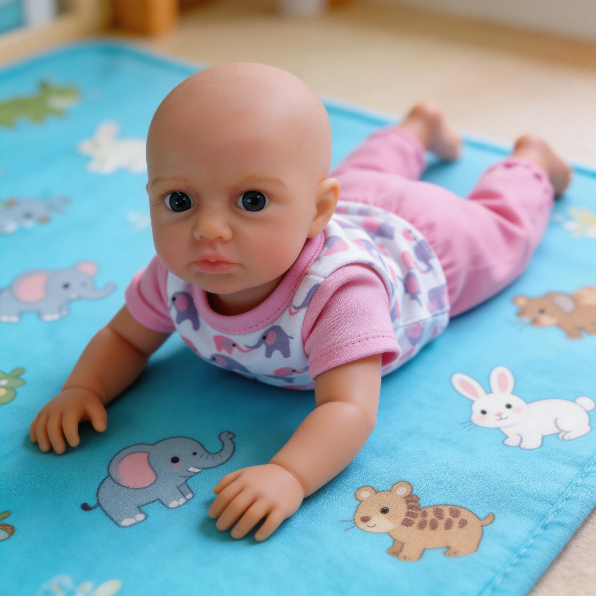 Luna 8-inch solid silicone baby doll, water-safe, with movable limbs and soft, lifelike features.